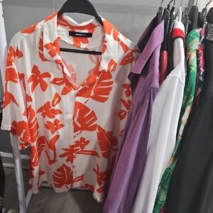 Fashion Nova "White Button-Down  Shirt with Orange Floral Print Includes Button